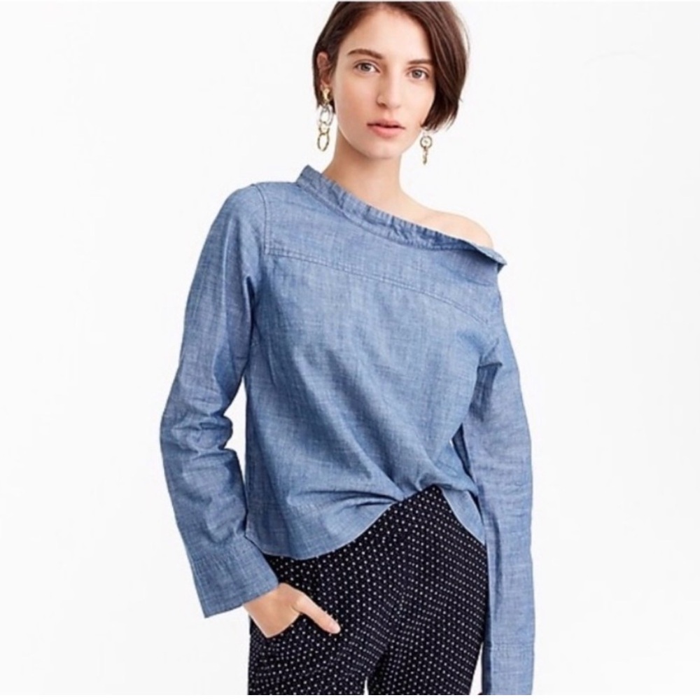 J. Crew Chambray Funnelneck Shirt Chambray Long Sleeve High Low Size 6